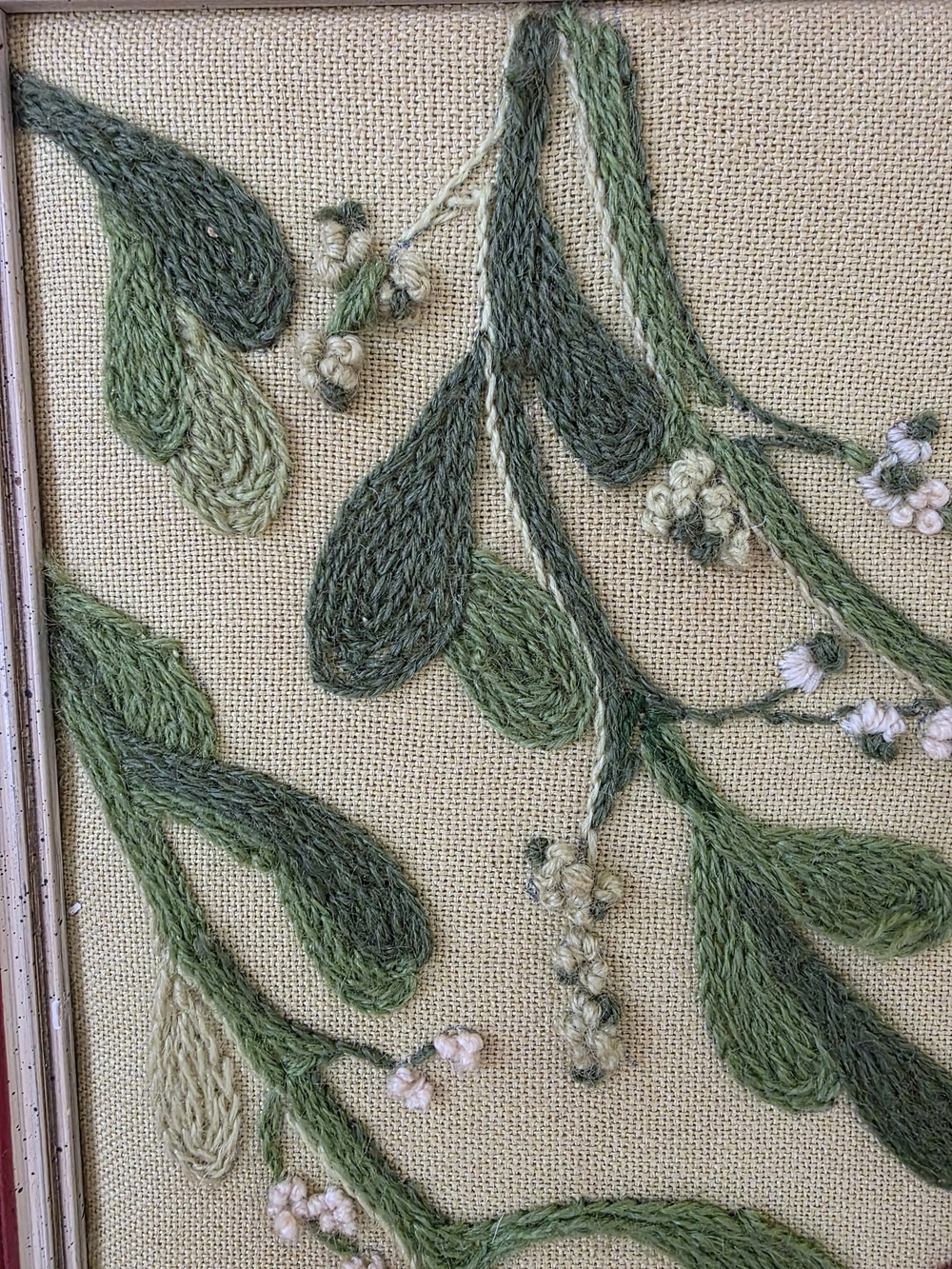 Vintage Mid Century Modern Crewel Embroidery Cardinals Mistletoe Framed Wall Art - Picture 6 of 16